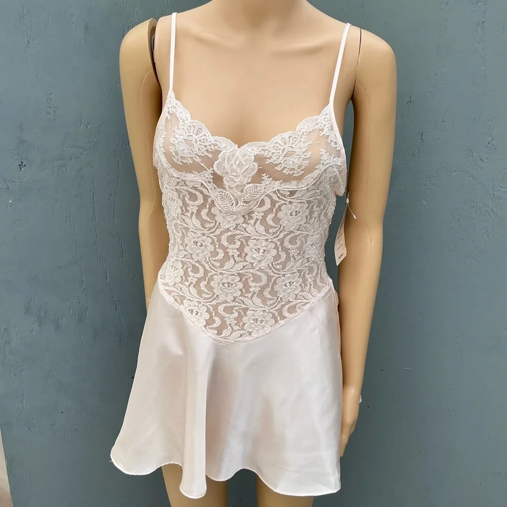 New Vintage Pink Lace Satin Women Babydoll Mini Slip Dress Size Medium NWT - Picture 6 of 12